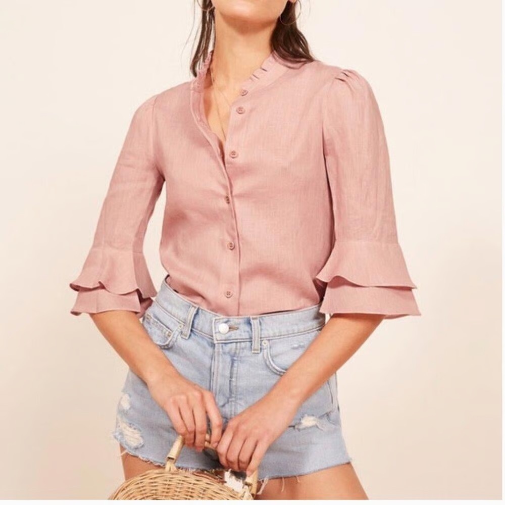 Reformation Linen Ruffle Bloom Top